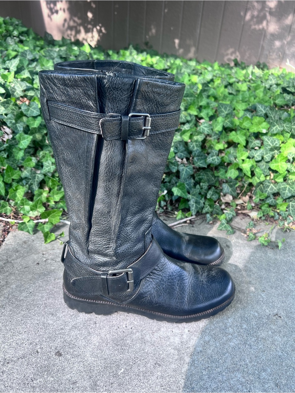 gentle souls Black Leather Buckle Mid-Calf Combat Boots 10